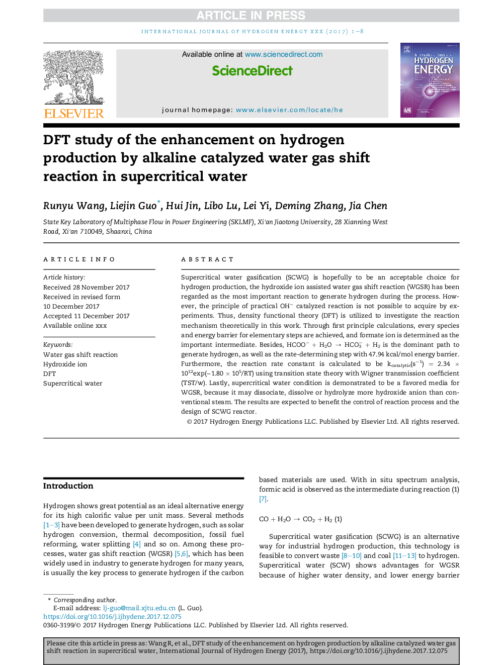 DFT study of the enhancement on hydrogen production by alkaline catalyzed water gas shift reaction in supercritical water