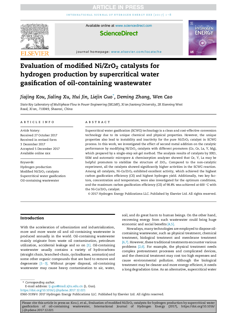 Evaluation of modified Ni/ZrO2 catalysts for hydrogen production by supercritical water gasification of oil-containing wastewater