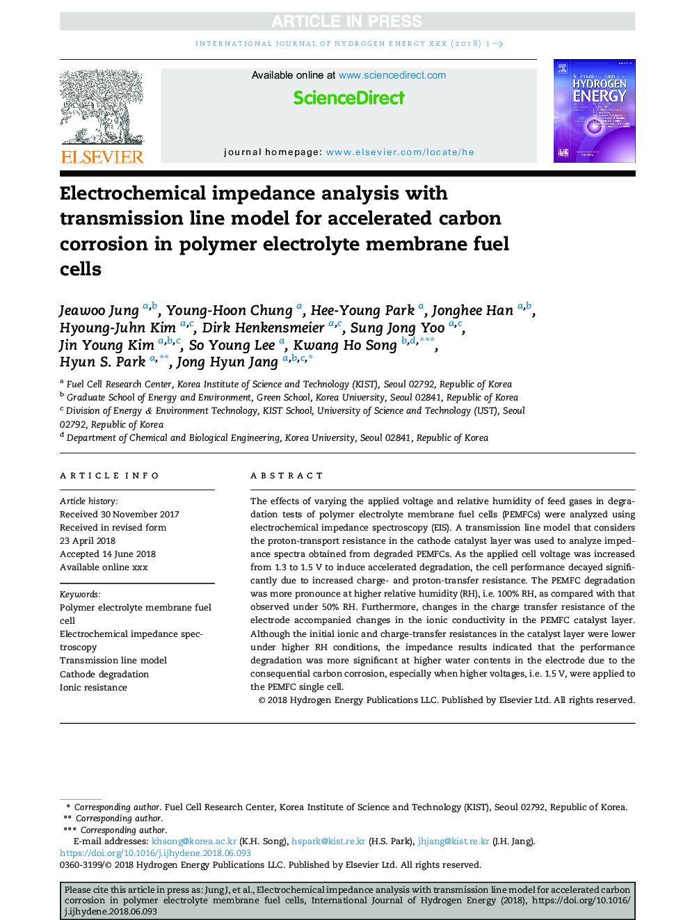 Electrochemical impedance analysis with transmission line model for accelerated carbon corrosion in polymer electrolyte membrane fuel cells