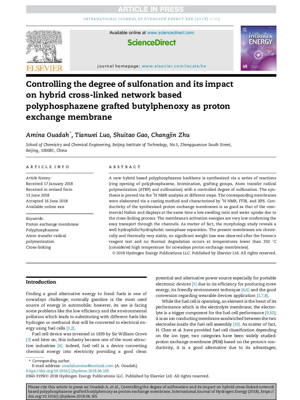 Controlling the degree of sulfonation and its impact on hybrid cross-linked network based polyphosphazene grafted butylphenoxy as proton exchange membrane