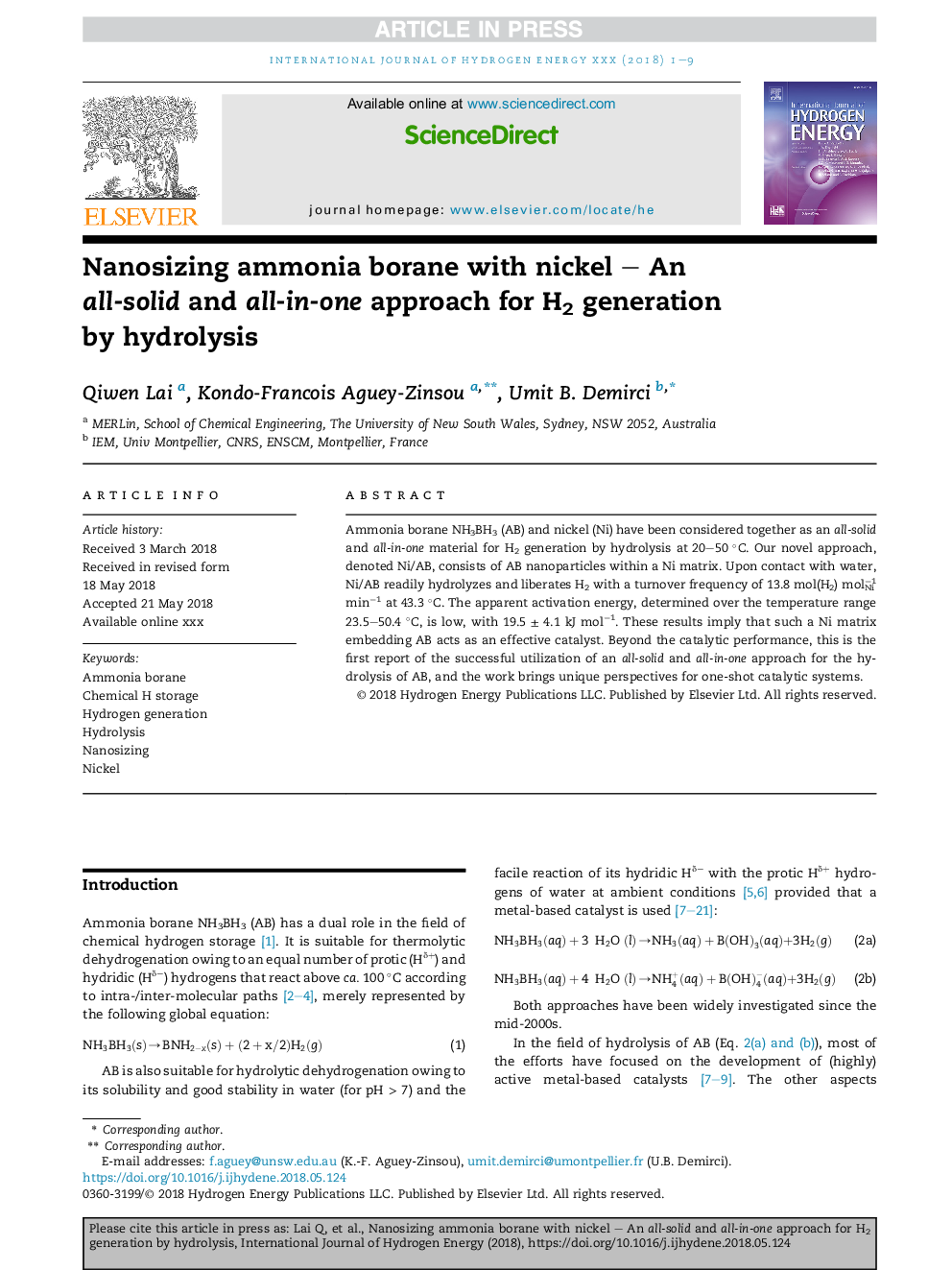 Nanosizing ammonia borane with nickel - An all-solid and all-in-one approach for H2 generation by hydrolysis