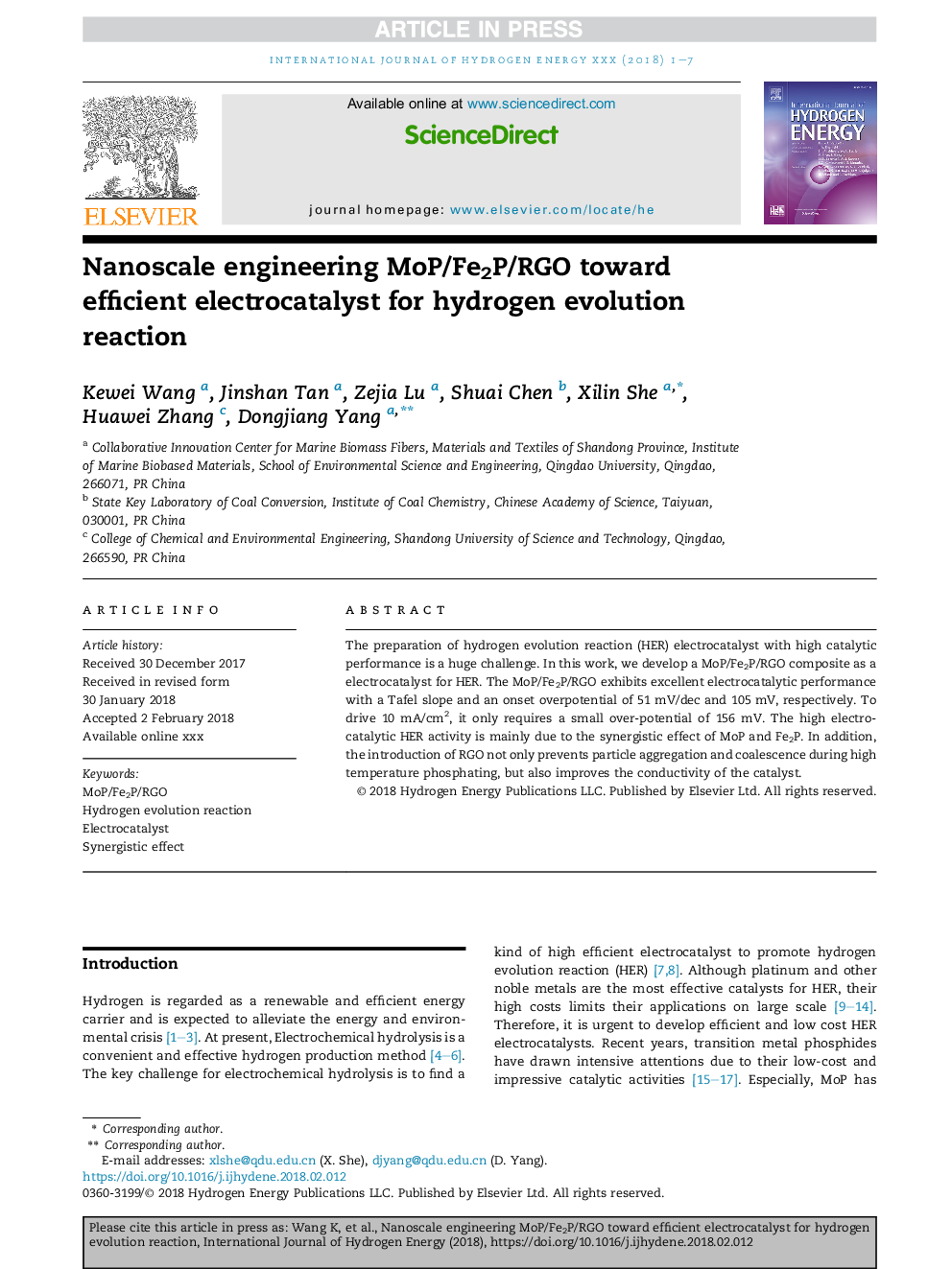 Nanoscale engineering MoP/Fe2P/RGO toward efficient electrocatalyst for hydrogen evolution reaction