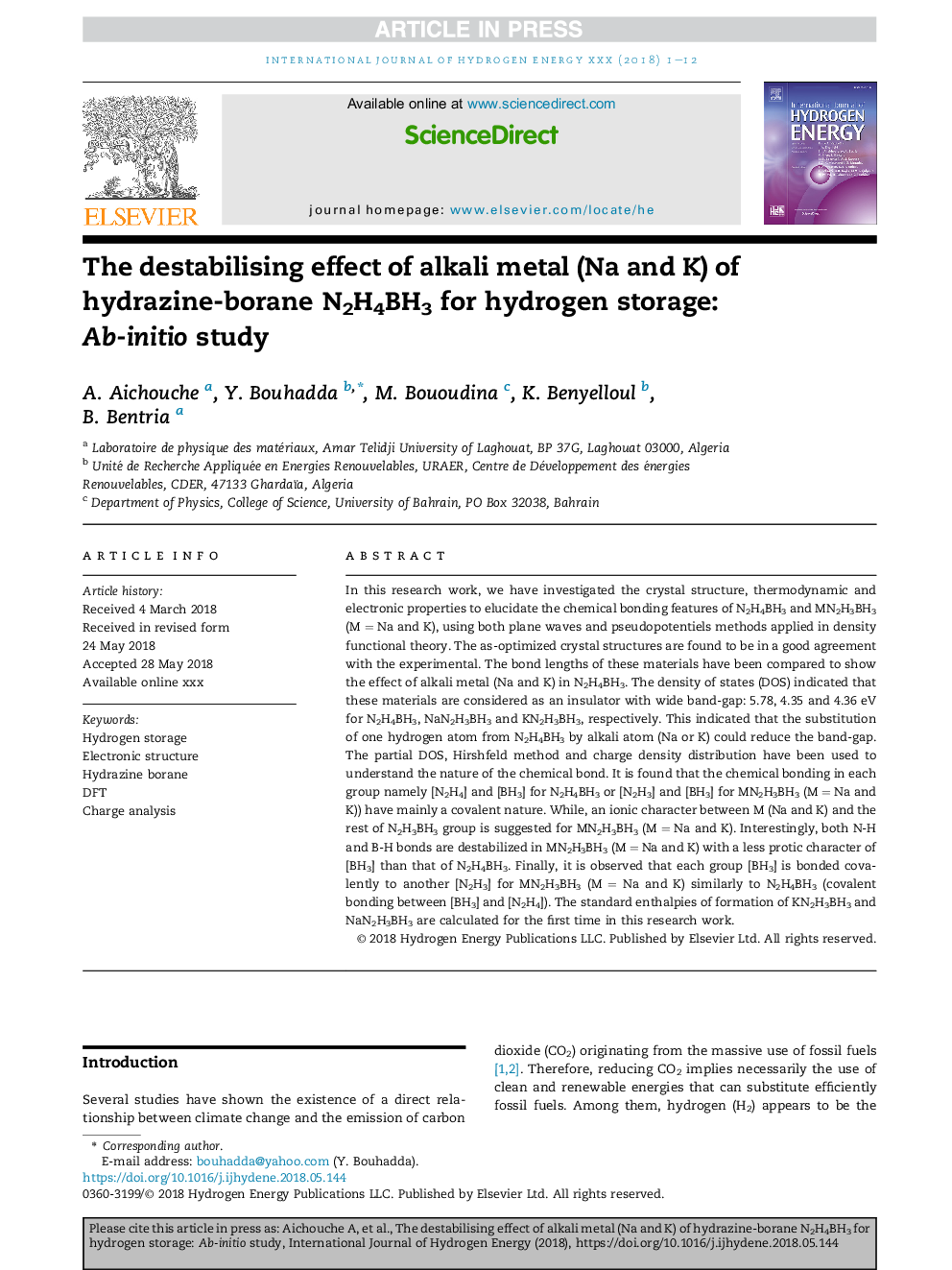 The destabilising effect of alkali metal (Na and K) of hydrazine-borane N2H4BH3 for hydrogen storage: Ab-initio study