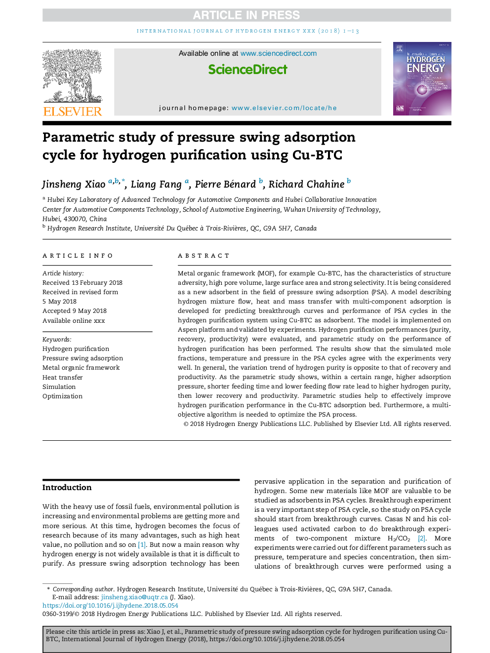 Parametric study of pressure swing adsorption cycle for hydrogen purification using Cu-BTC