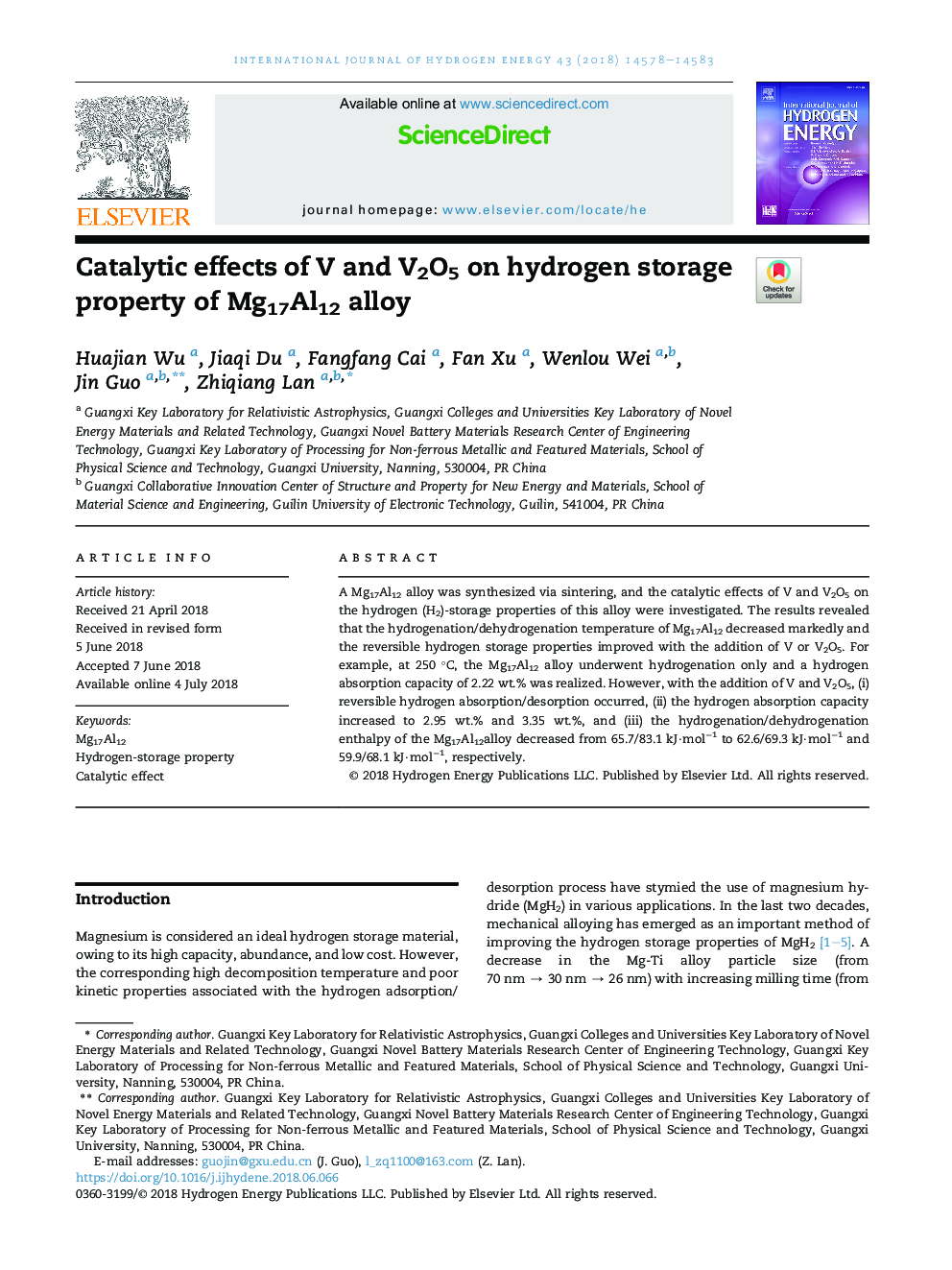 Catalytic effects of V and V2O5 on hydrogen storage property of Mg17Al12 alloy