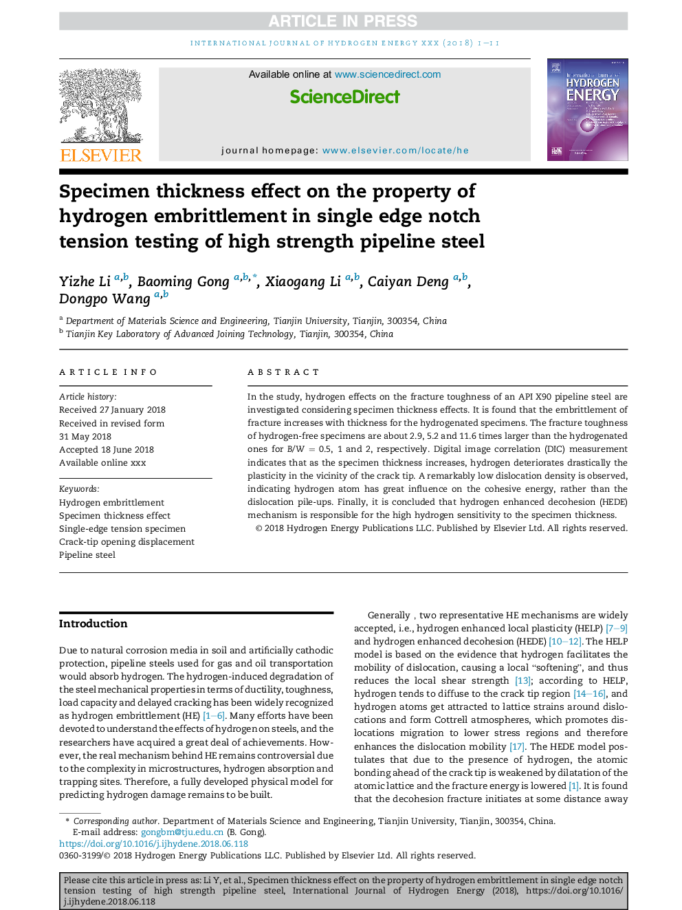 Specimen thickness effect on the property of hydrogen embrittlement in single edge notch tension testing of high strength pipeline steel