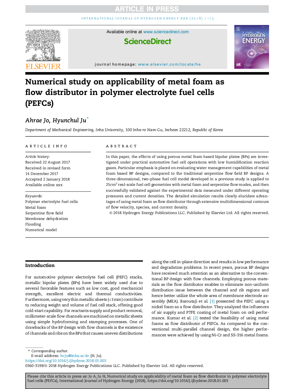 Numerical study on applicability of metal foam as flow distributor in polymer electrolyte fuel cells (PEFCs)