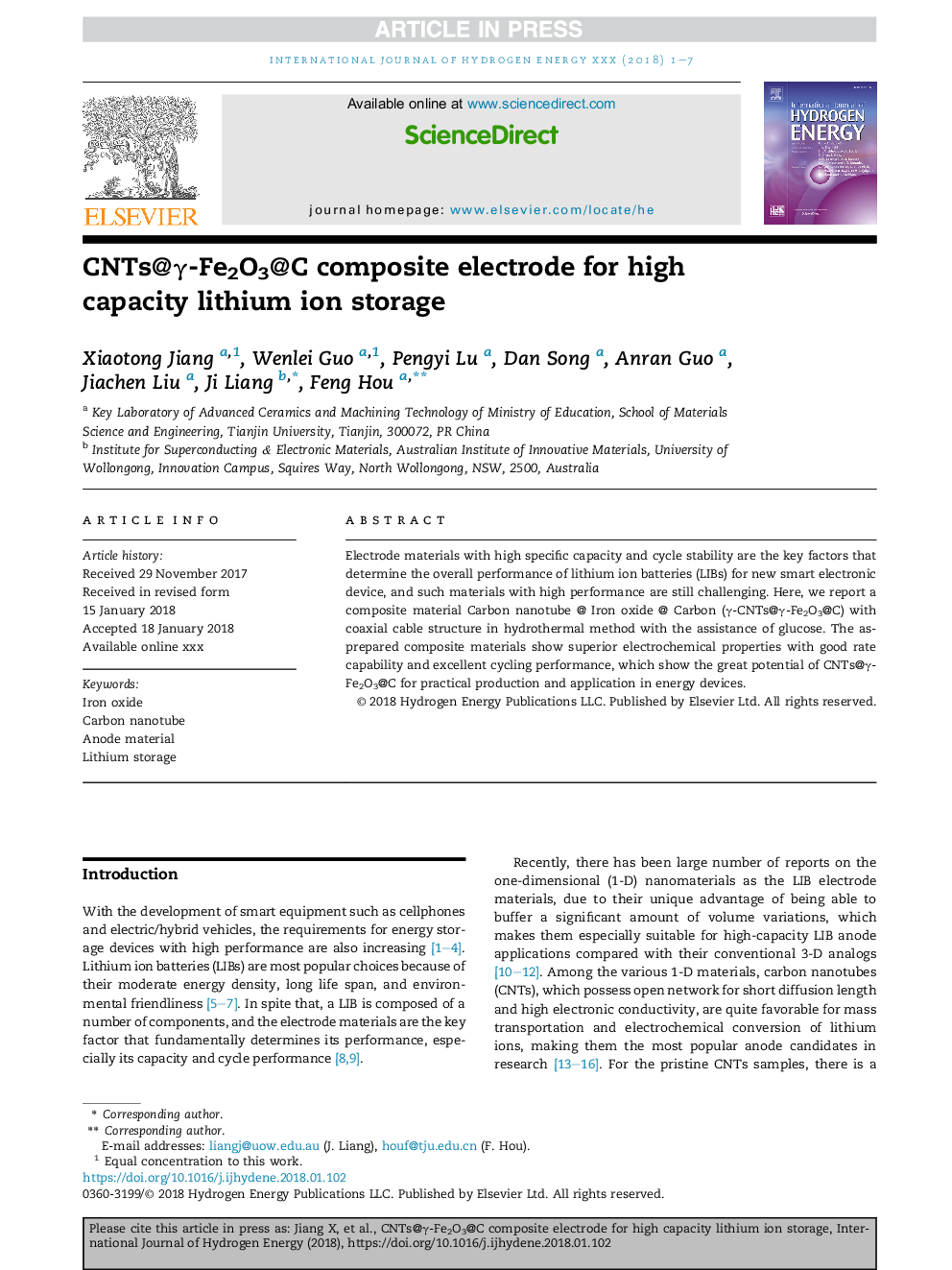 CNTs@Î³-Fe2O3@C composite electrode for high capacity lithium ion storage