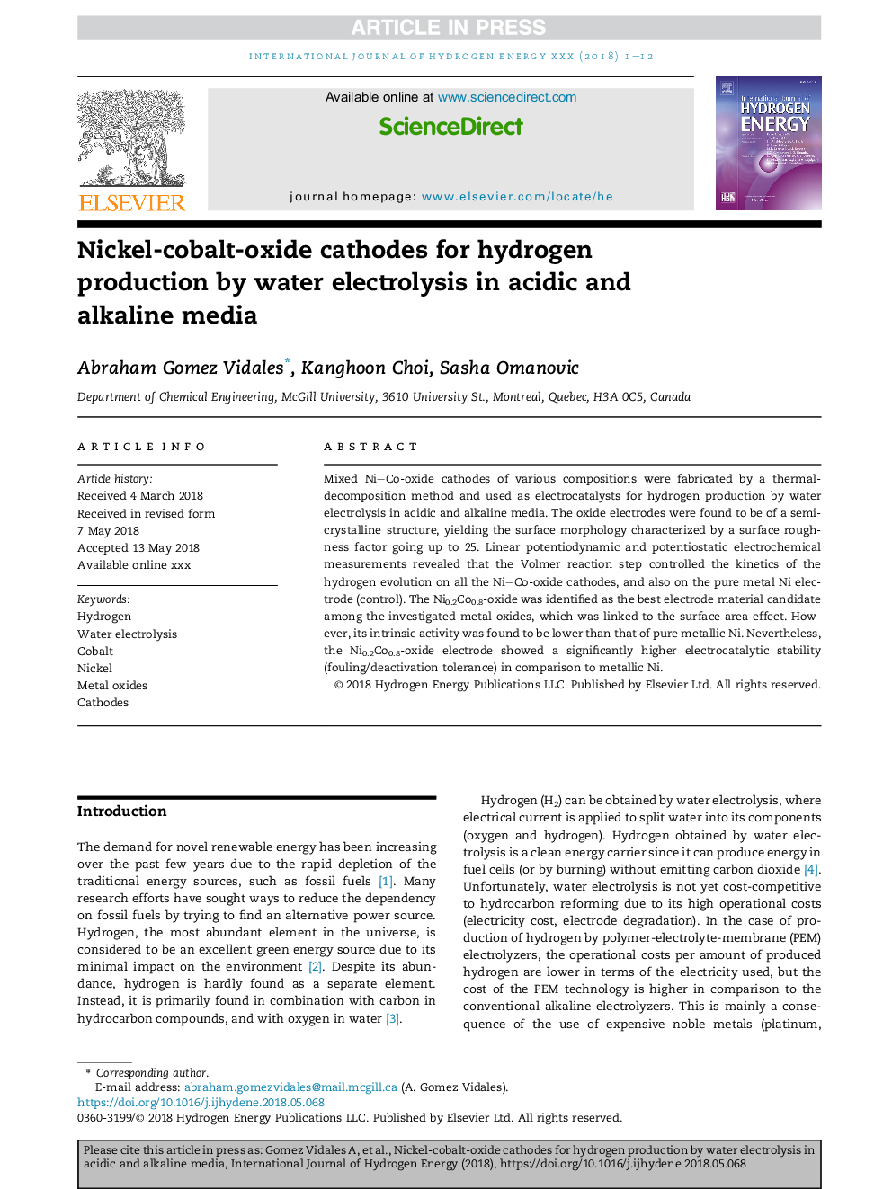 Nickel-cobalt-oxide cathodes for hydrogen production by water electrolysis in acidic and alkaline media