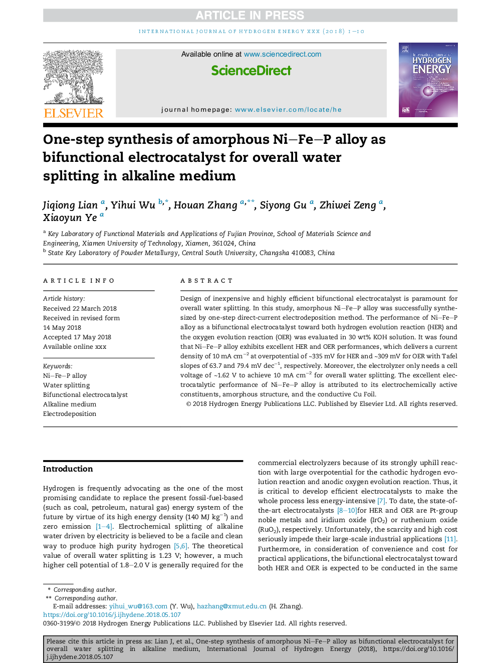 One-step synthesis of amorphous Ni-Fe-P alloy as bifunctional electrocatalyst for overall water splitting in alkaline medium