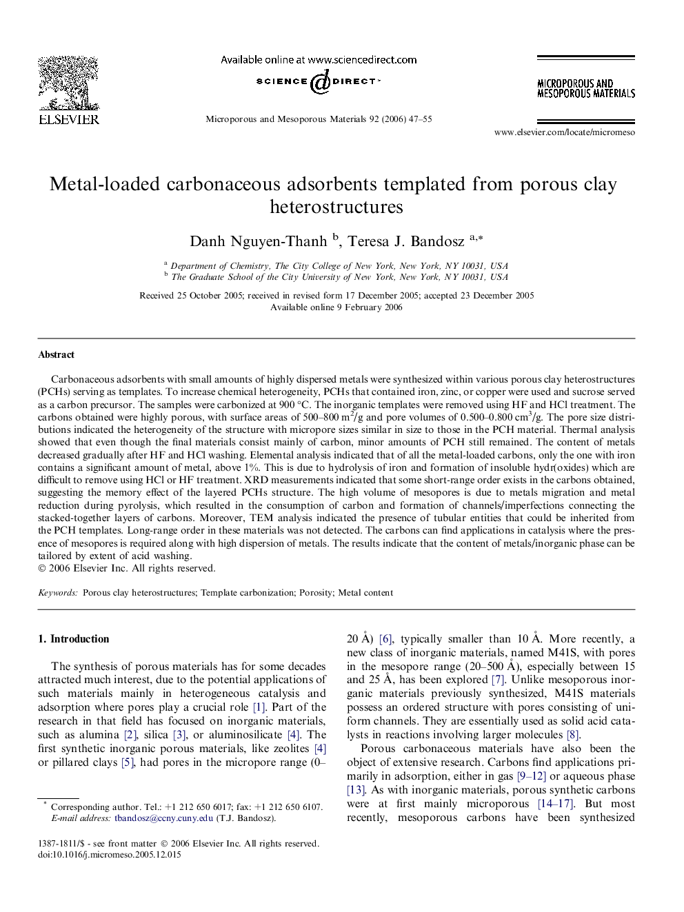 Metal-loaded carbonaceous adsorbents templated from porous clay heterostructures