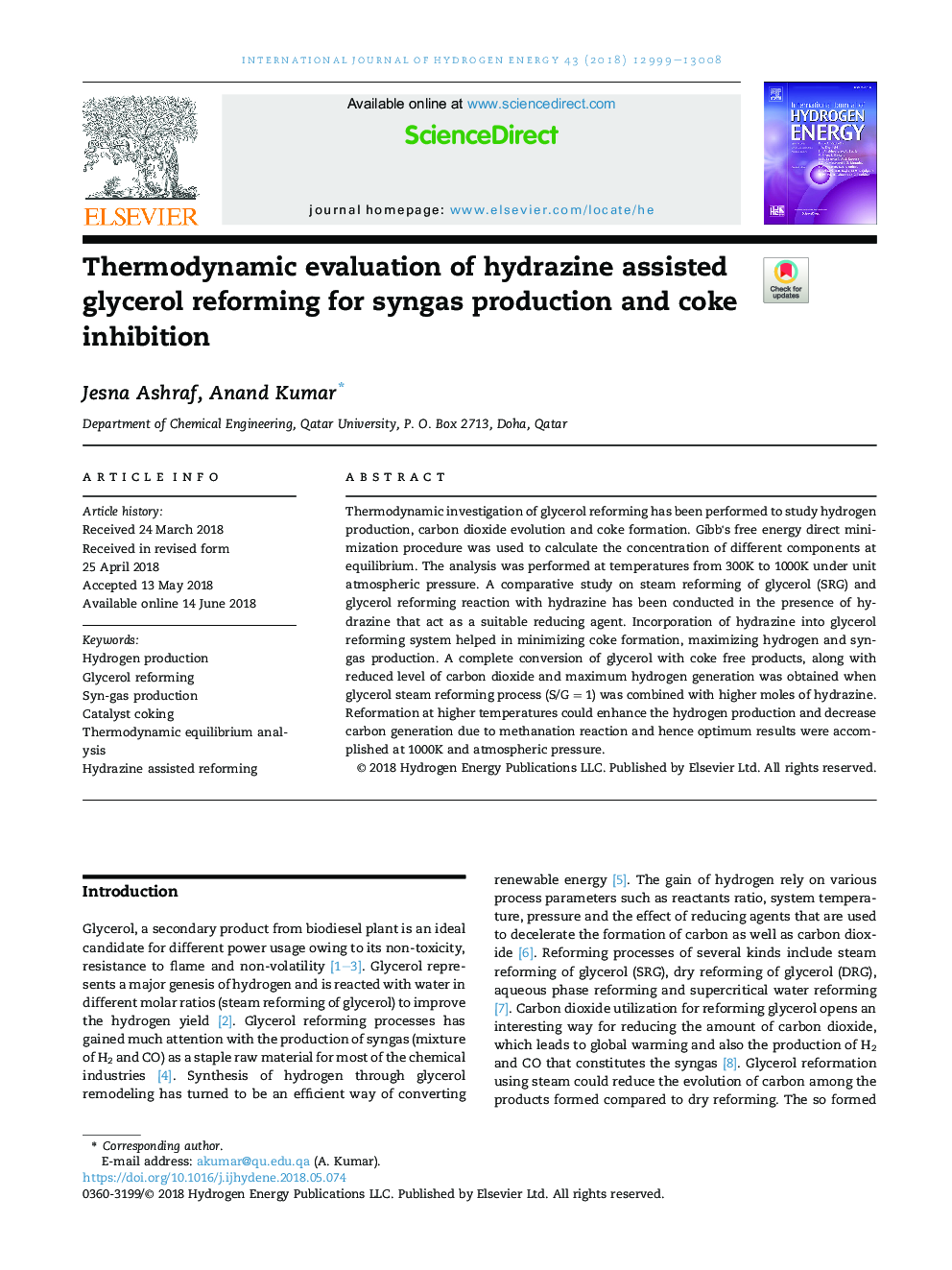 Thermodynamic evaluation of hydrazine assisted glycerol reforming for syngas production and coke inhibition