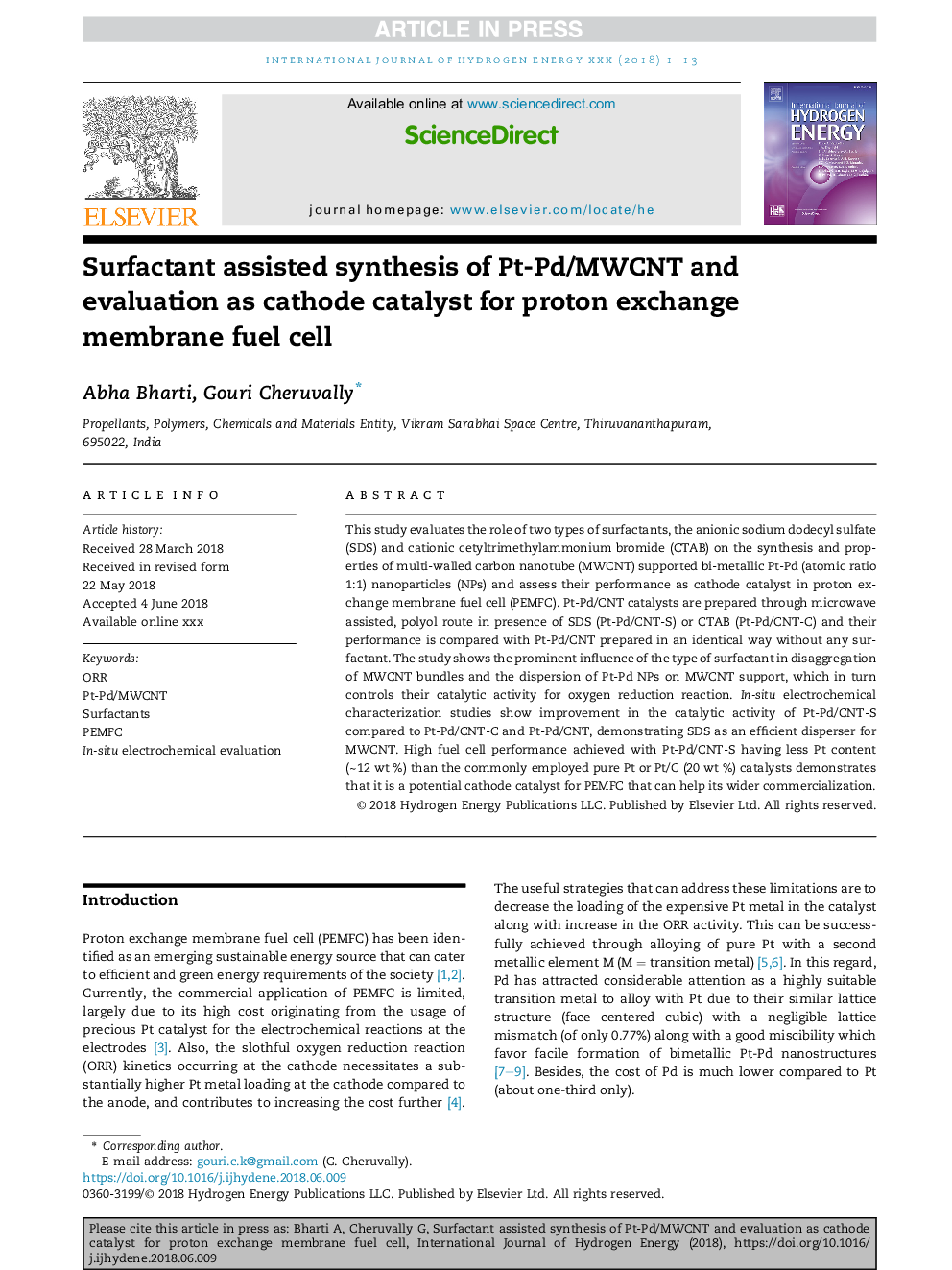 Surfactant assisted synthesis of Pt-Pd/MWCNT and evaluation as cathode catalyst for proton exchange membrane fuel cell