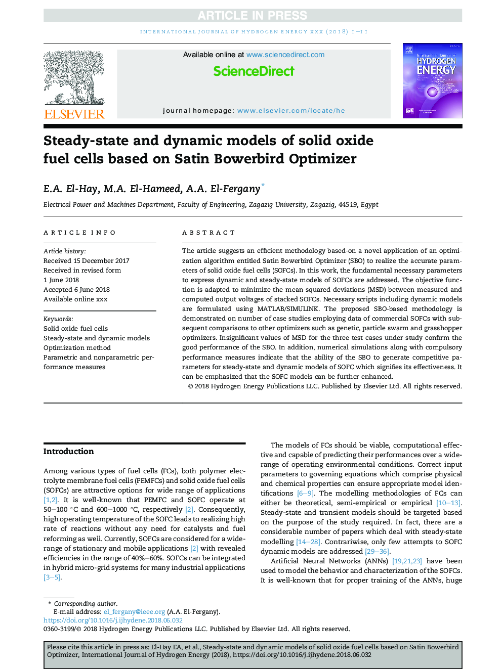 Steady-state and dynamic models of solid oxide fuel cells based on Satin Bowerbird Optimizer