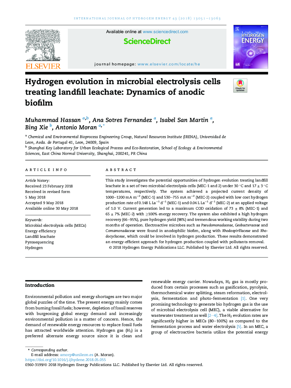 Hydrogen evolution in microbial electrolysis cells treating landfill leachate: Dynamics of anodic biofilm