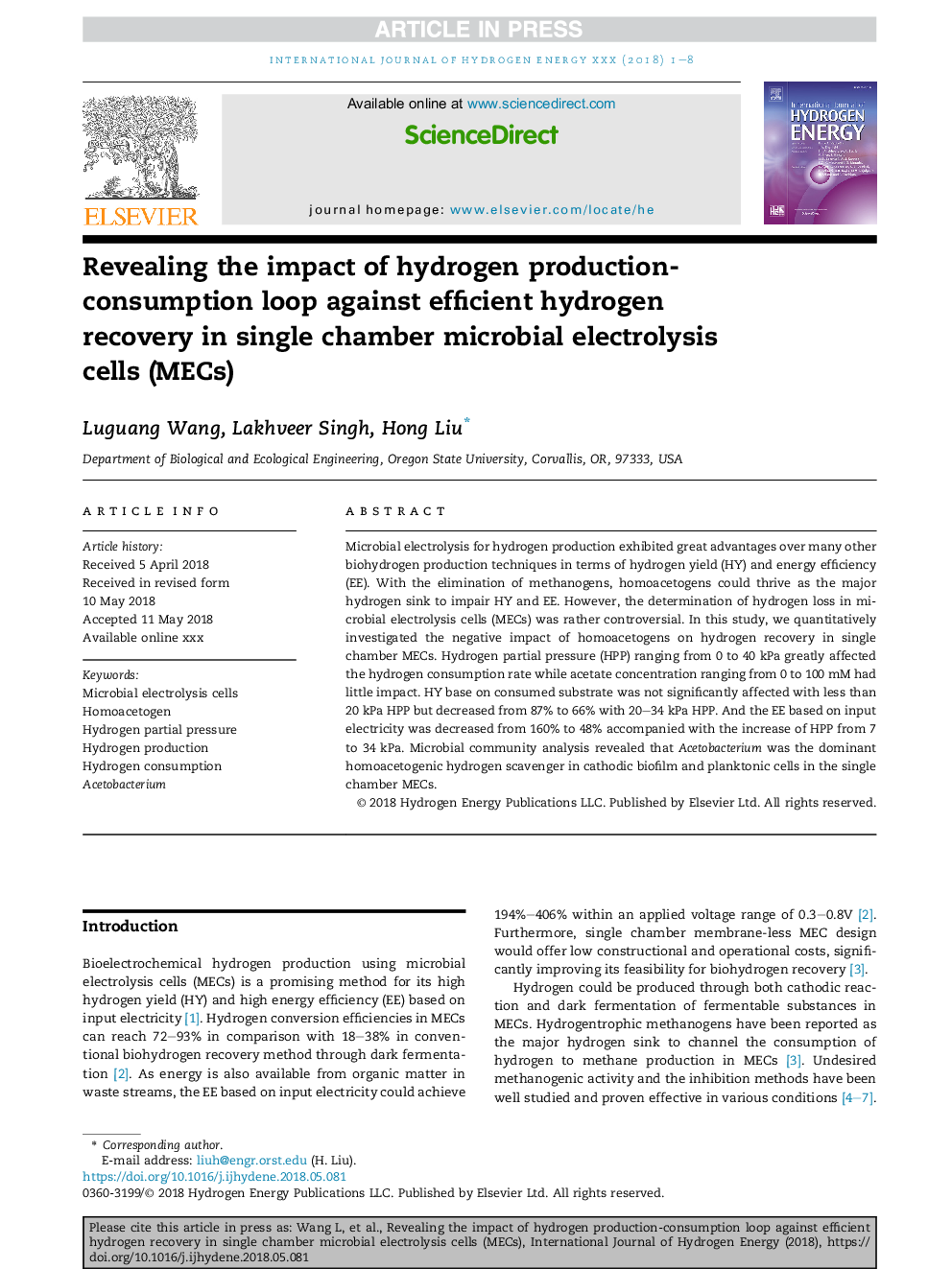 Revealing the impact of hydrogen production-consumption loop against efficient hydrogen recovery in single chamber microbial electrolysis cells (MECs)