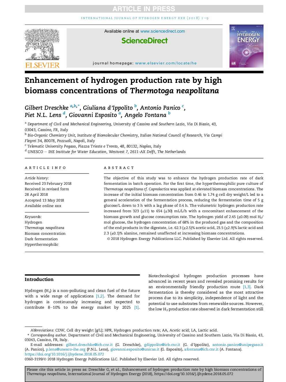 Enhancement of hydrogen production rate by high biomass concentrations of Thermotoga neapolitana