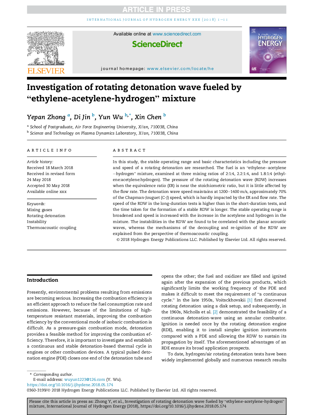 Investigation of rotating detonation wave fueled by “ethylene-acetylene-hydrogen” mixture