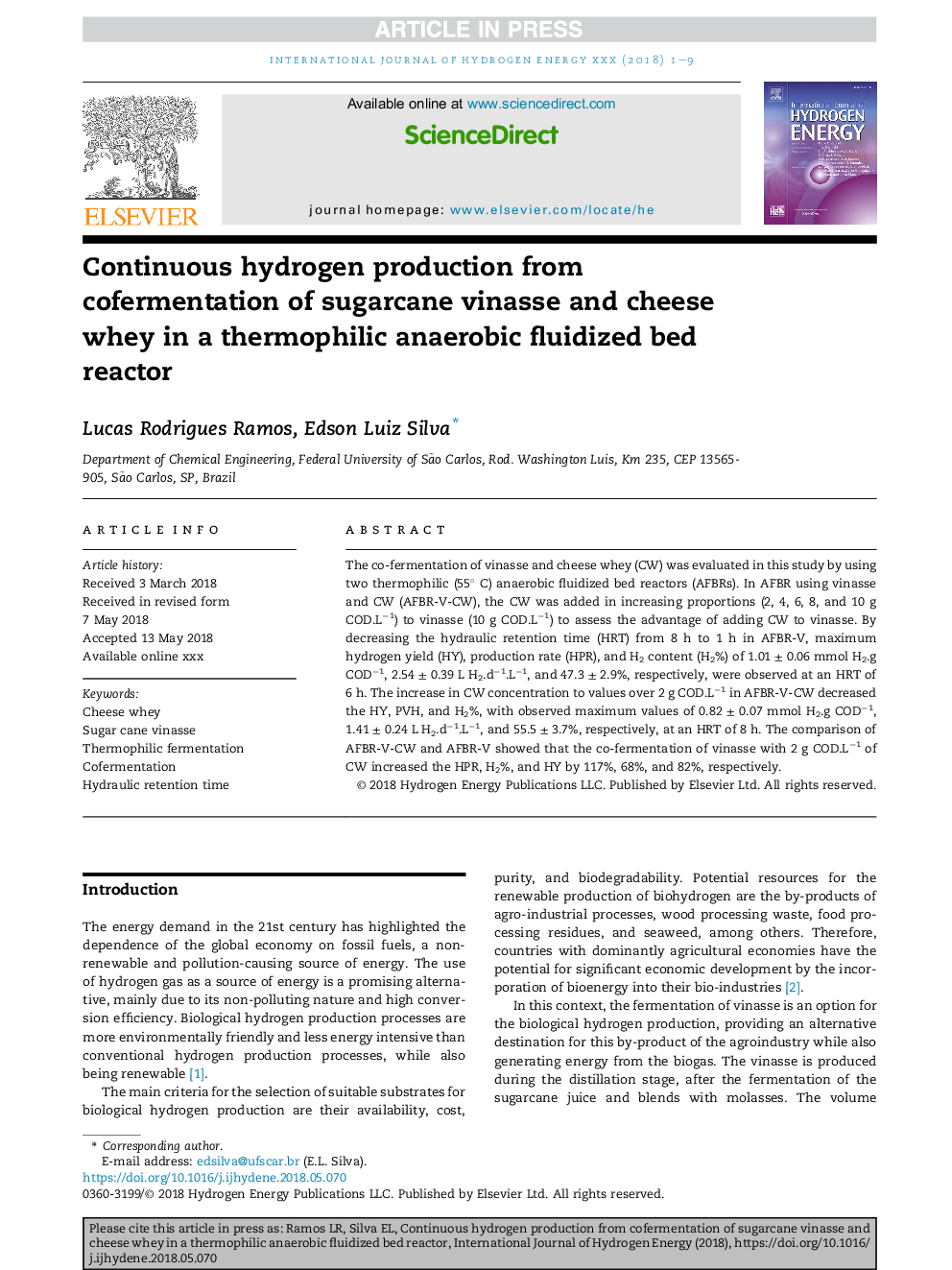 Continuous hydrogen production from cofermentation of sugarcane vinasse and cheese whey in a thermophilic anaerobic fluidized bed reactor