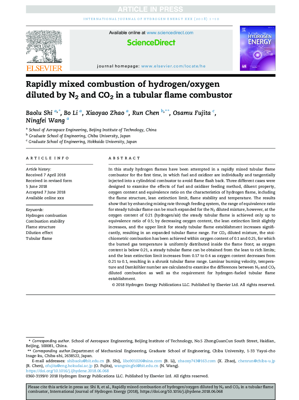 Rapidly mixed combustion of hydrogen/oxygen diluted by N2 and CO2 in a tubular flame combustor