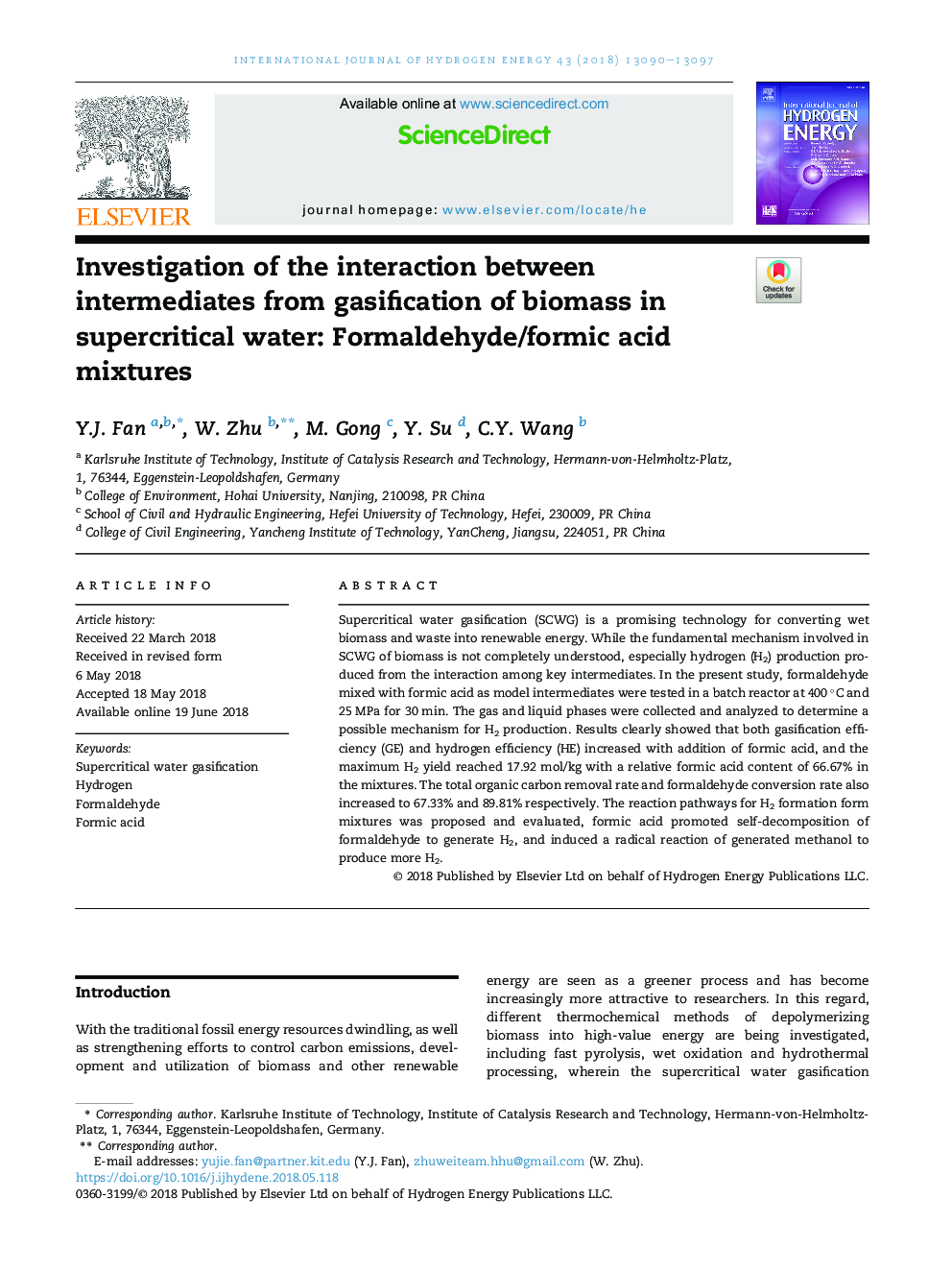 Investigation of the interaction between intermediates from gasification of biomass in supercritical water: Formaldehyde/formic acid mixtures