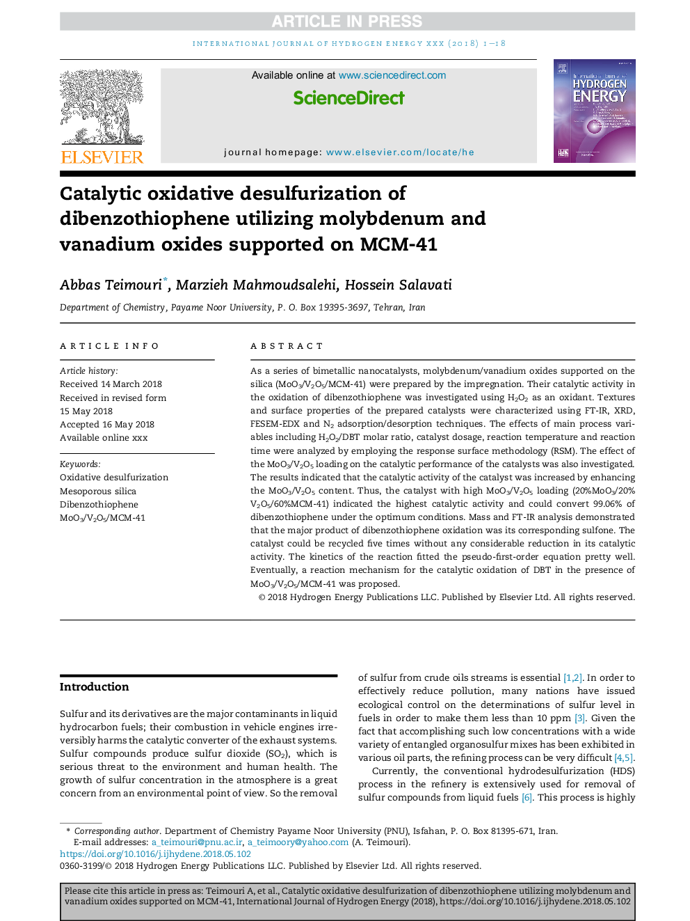 Catalytic oxidative desulfurization of dibenzothiophene utilizing molybdenum and vanadium oxides supported on MCM-41