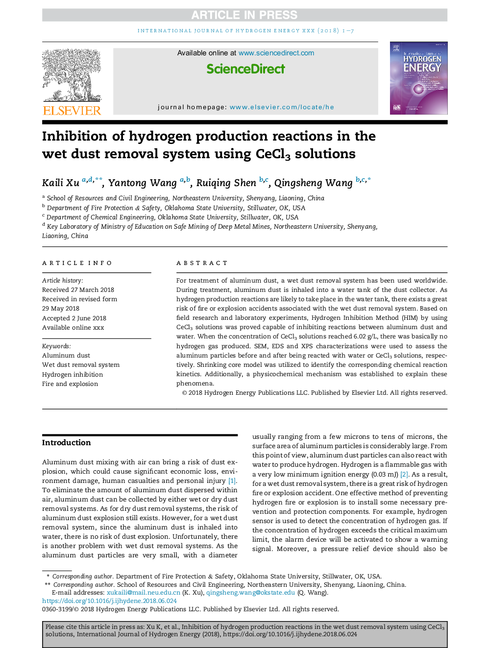 Inhibition of hydrogen production reactions in the wet dust removal system using CeCl3 solutions