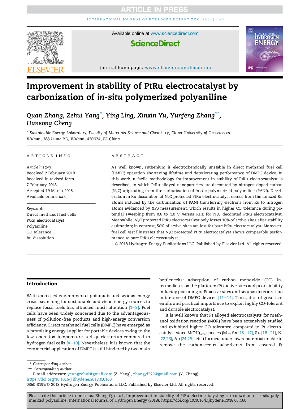 Improvement in stability of PtRu electrocatalyst by carbonization of in-situ polymerized polyaniline