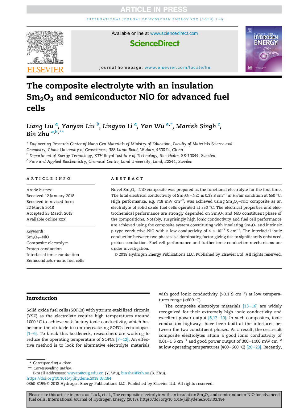 The composite electrolyte with an insulation Sm2O3 and semiconductor NiO for advanced fuel cells