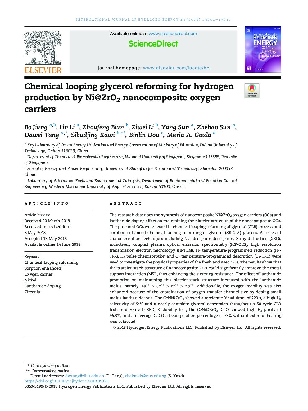 Chemical looping glycerol reforming for hydrogen production by Ni@ZrO2 nanocomposite oxygen carriers