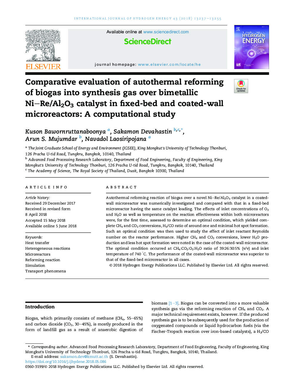 Comparative evaluation of autothermal reforming of biogas into synthesis gas over bimetallic NiRe/Al2O3 catalyst in fixed-bed and coated-wall microreactors: A computational study