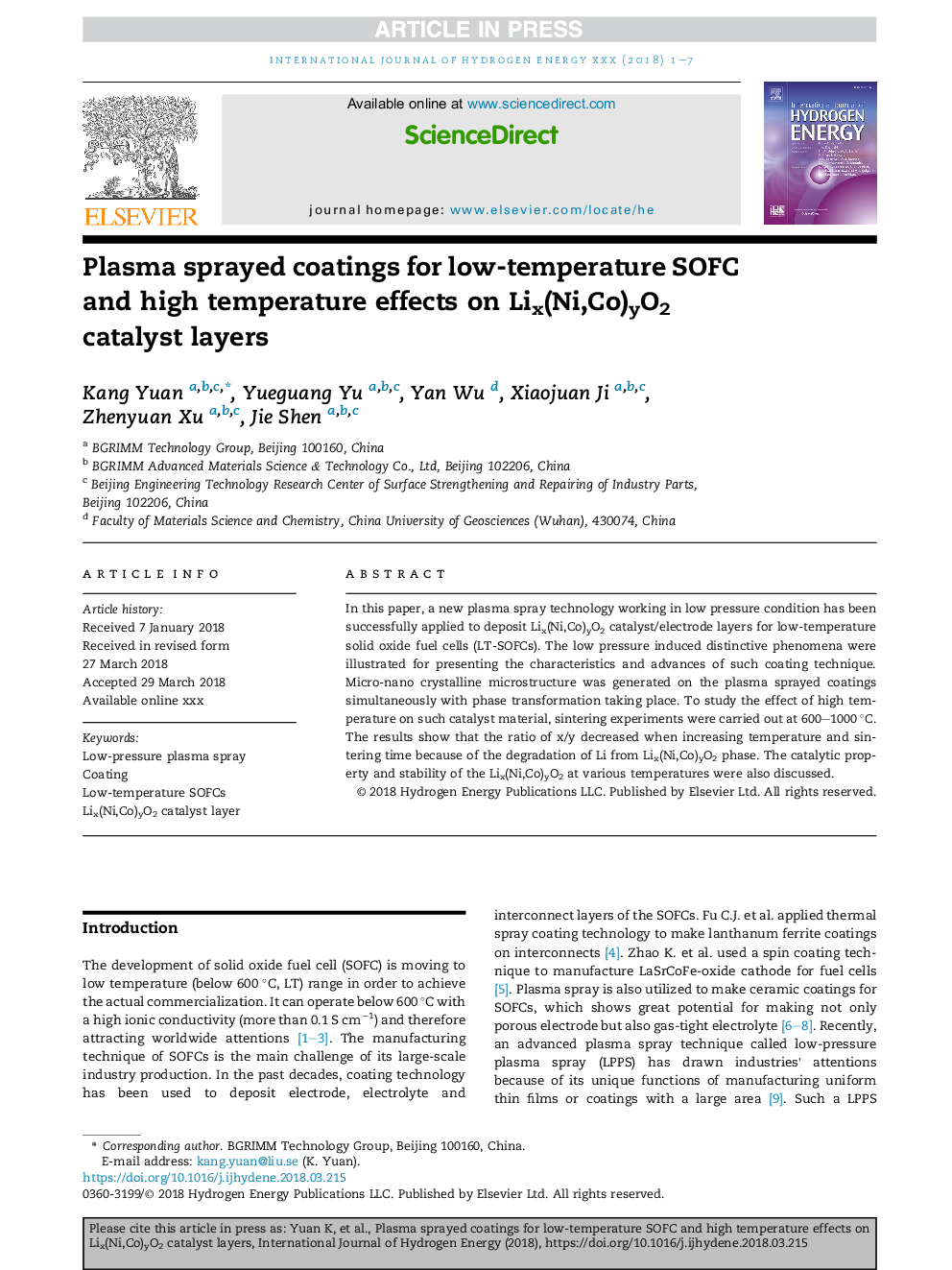 Plasma sprayed coatings for low-temperature SOFC and high temperature effects on Lix(Ni,Co)yO2 catalyst layers