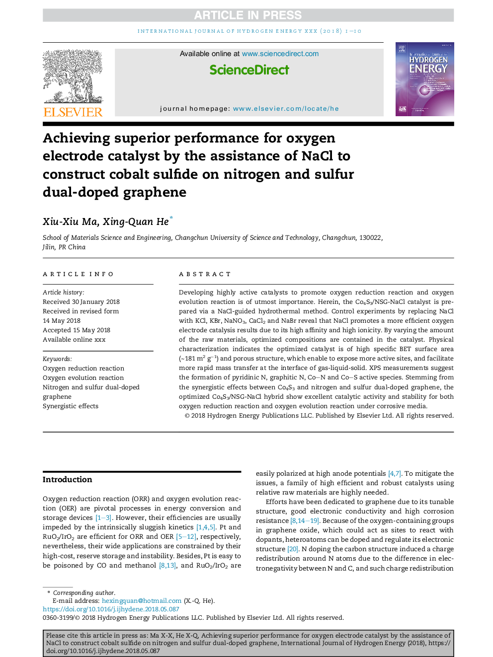 Achieving superior performance for oxygen electrode catalyst by the assistance of NaCl to construct cobalt sulfide on nitrogen and sulfur dual-doped graphene