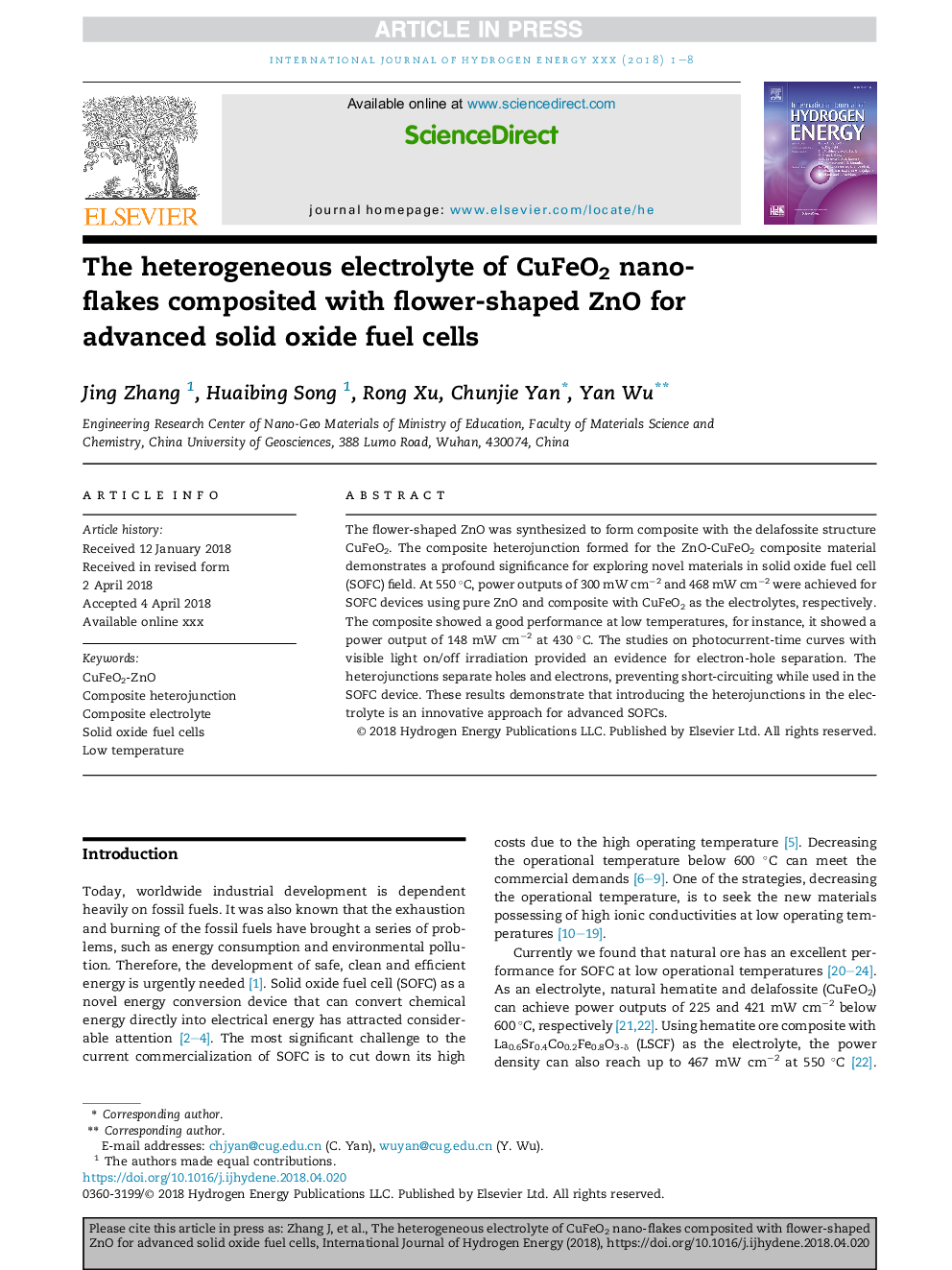 The heterogeneous electrolyte of CuFeO2 nano-flakes composited with flower-shaped ZnO for advanced solid oxide fuel cells