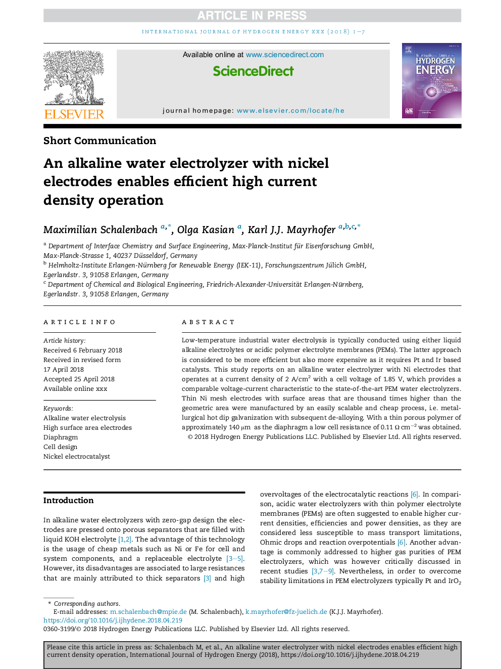 An alkaline water electrolyzer with nickel electrodes enables efficient high current densityÂ operation