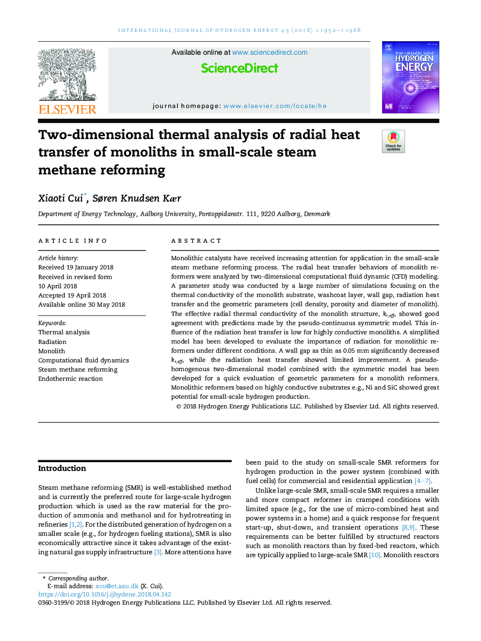 Two-dimensional thermal analysis of radial heat transfer of monoliths in small-scale steam methane reforming