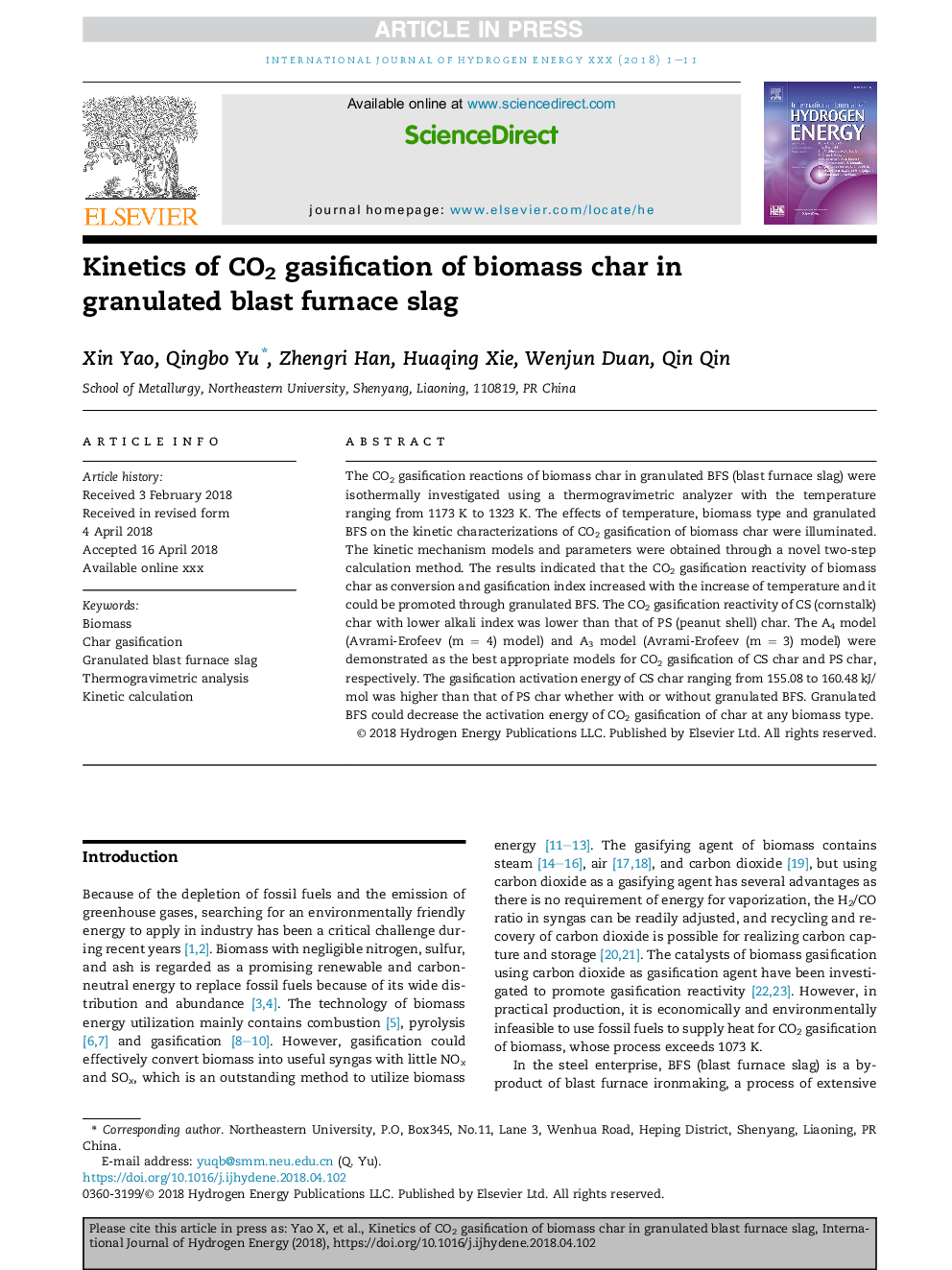 Kinetics of CO2 gasification of biomass char in granulated blast furnace slag