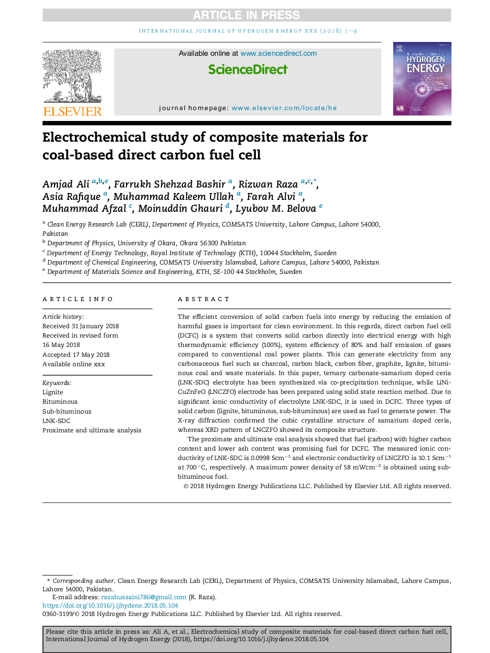 Electrochemical study of composite materials for coal-based direct carbon fuel cell