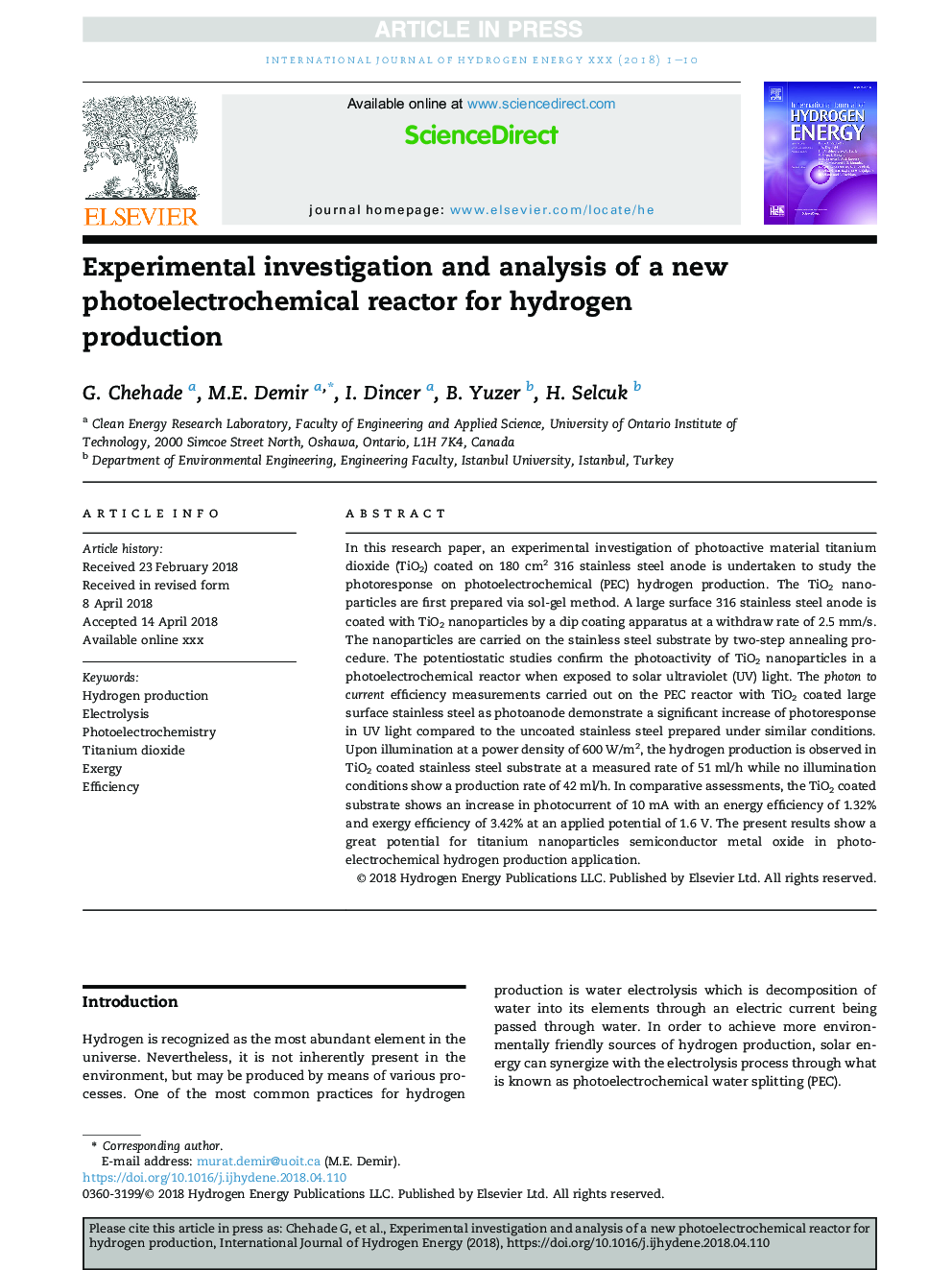 Experimental investigation and analysis of a new photoelectrochemical reactor for hydrogen production