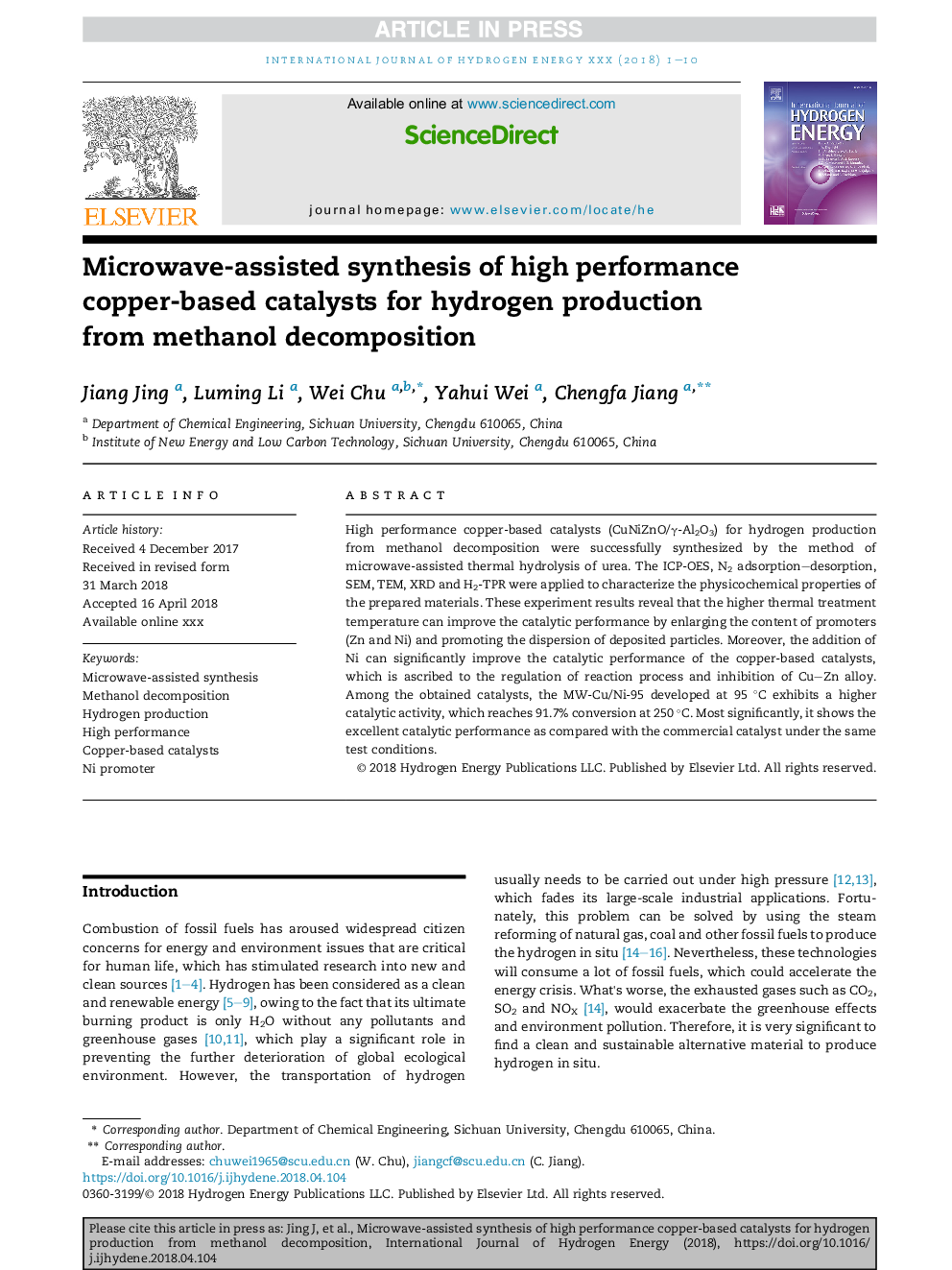 Microwave-assisted synthesis of high performance copper-based catalysts for hydrogen production from methanol decomposition