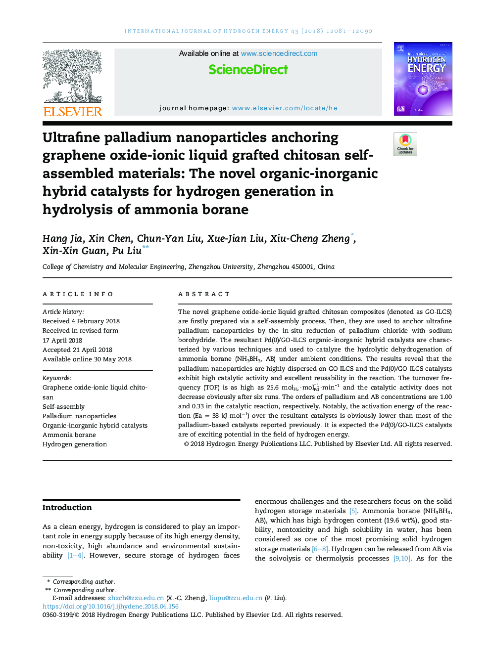 Ultrafine palladium nanoparticles anchoring graphene oxide-ionic liquid grafted chitosan self-assembled materials: The novel organic-inorganic hybrid catalysts for hydrogen generation in hydrolysis of ammonia borane