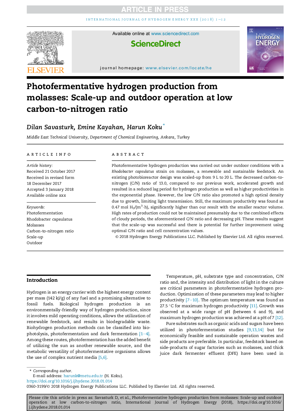 Photofermentative hydrogen production from molasses: Scale-up and outdoor operation at low carbon-to-nitrogen ratio