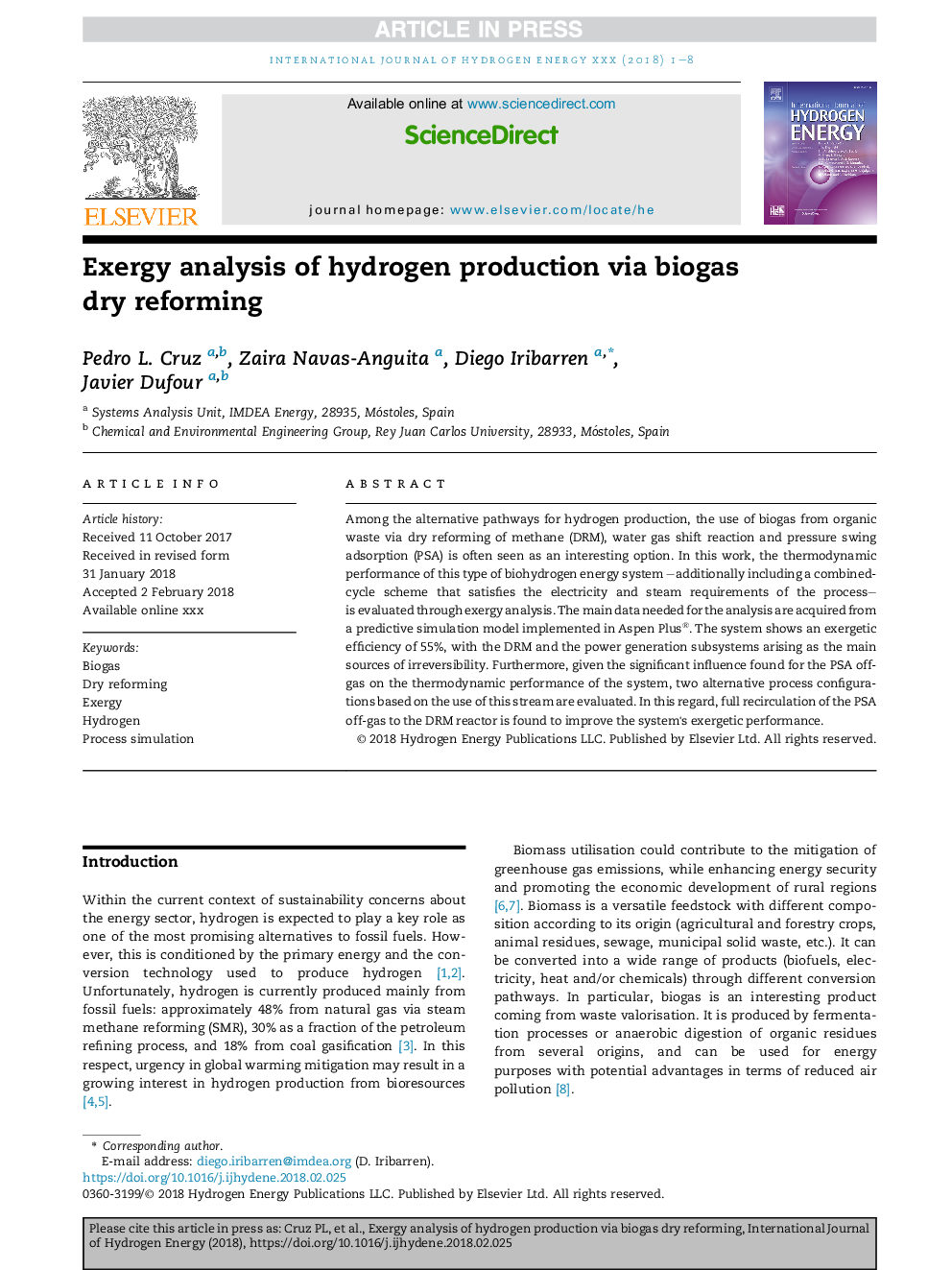 Exergy analysis of hydrogen production via biogas dry reforming