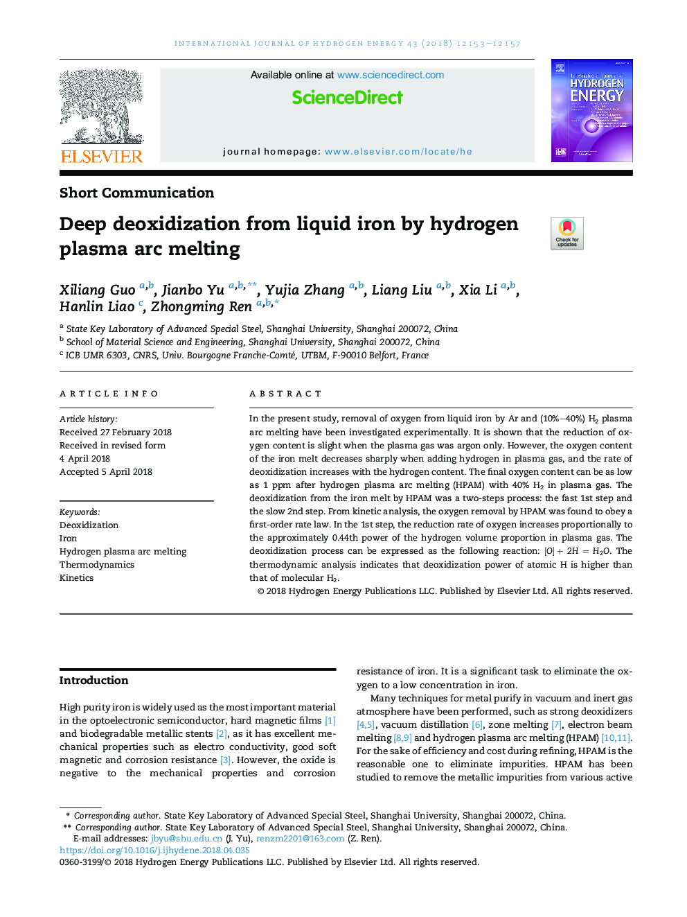 Deep deoxidization from liquid iron by hydrogen plasma arc melting