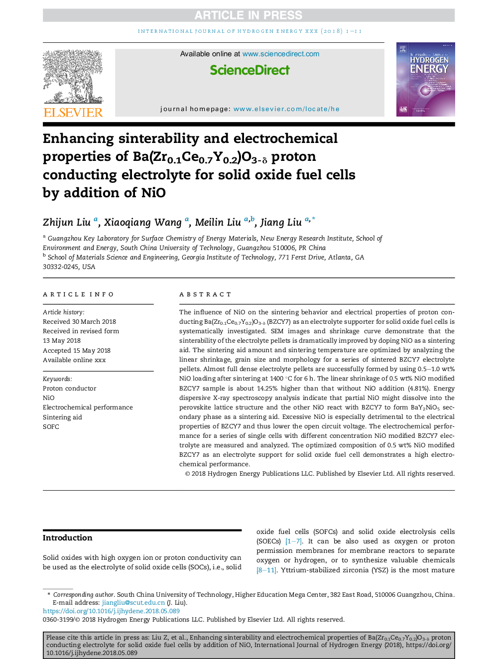 Enhancing sinterability and electrochemical properties of Ba(Zr0.1Ce0.7Y0.2)O3-Î´ proton conducting electrolyte for solid oxide fuel cells byÂ addition of NiO