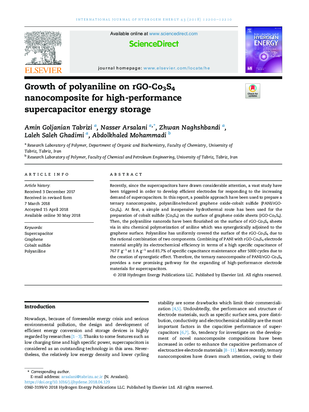 Growth of polyaniline on rGO-Co3S4 nanocomposite for high-performance supercapacitor energy storage