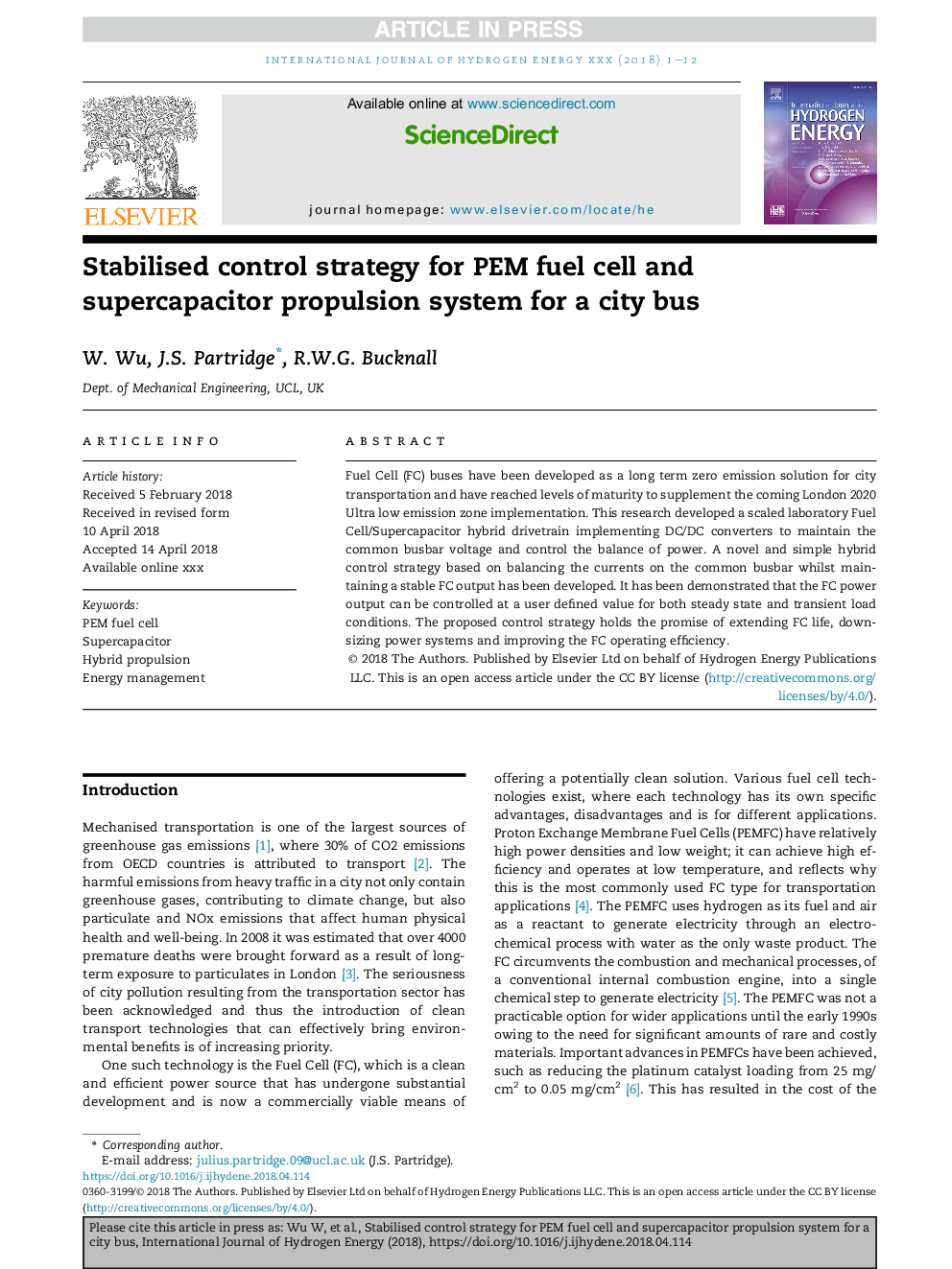 Stabilised control strategy for PEM fuel cell and supercapacitor propulsion system for a city bus