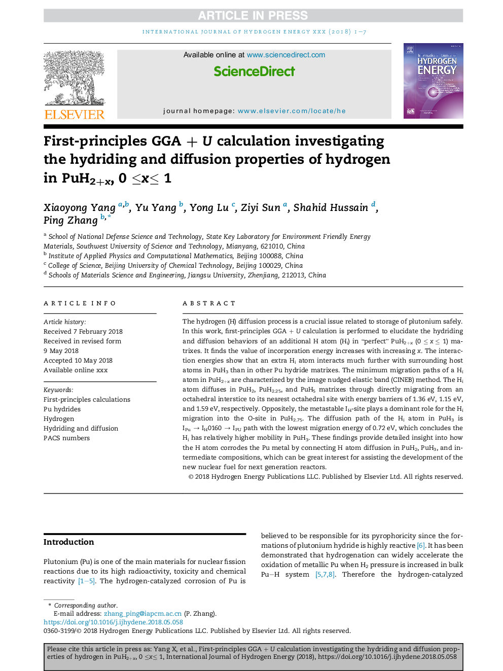 First-principles GGAÂ +Â U calculation investigating the hydriding and diffusion properties of hydrogen in PuH2+x, 0Â â¤xâ¤Â 1