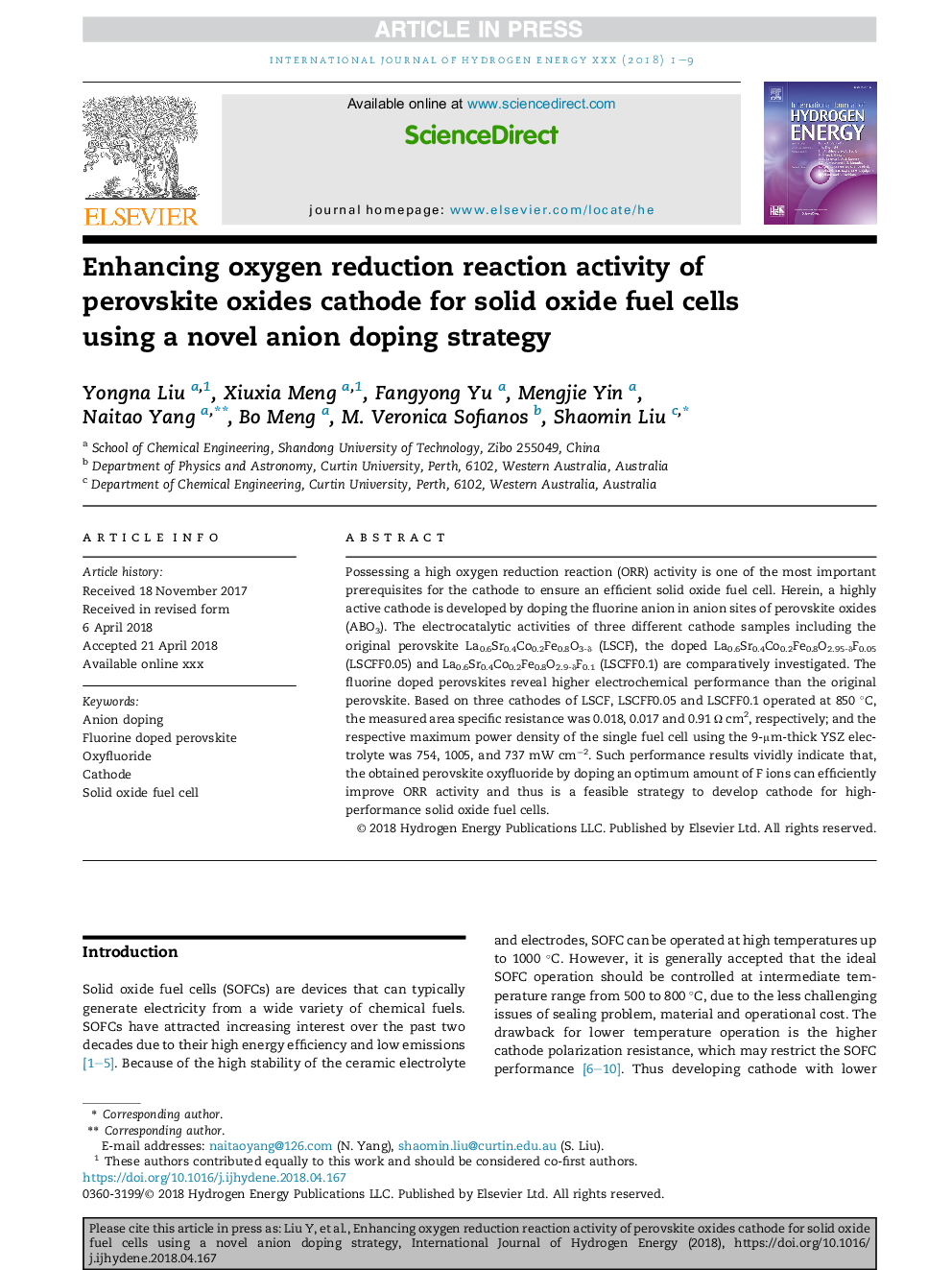 Enhancing oxygen reduction reaction activity of perovskite oxides cathode for solid oxide fuel cells using a novel anion doping strategy