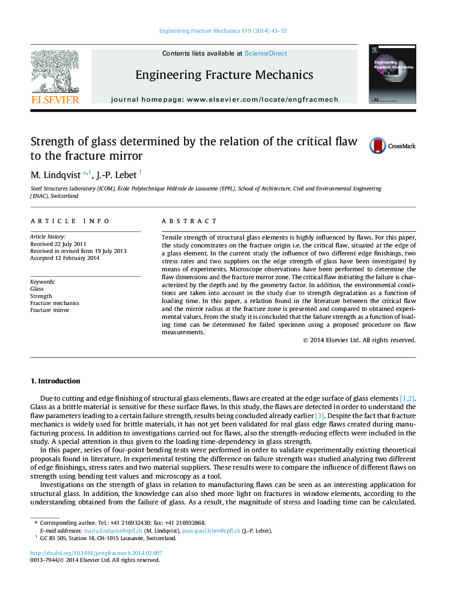 Strength of glass determined by the relation of the critical flaw to the fracture mirror